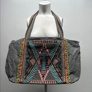 America & Beyond Tote Bag Crossbody Travel Purse Beaded Pom Pom Colorful Gray